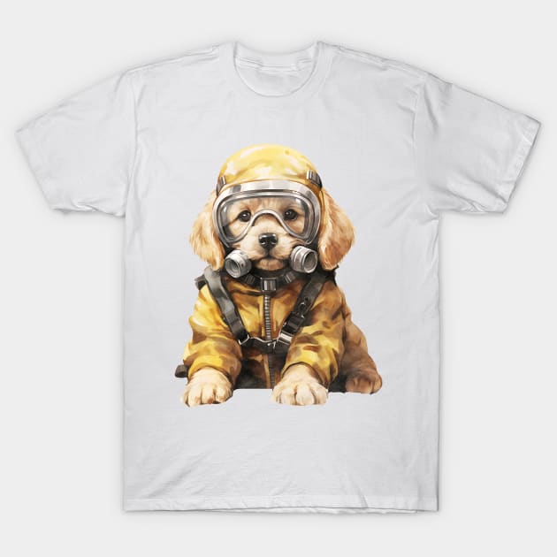 Golden Retriever Dog Wearing Gas Mask T-Shirt by Chromatic Fusion Studio